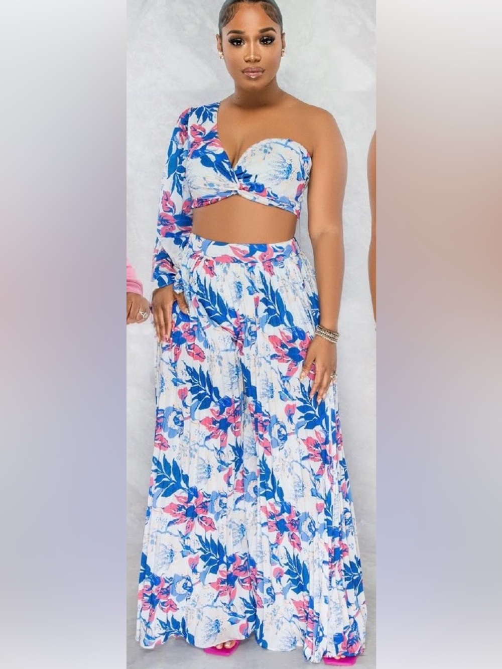 Floral One-Shoulder Crop Top & Wide-Leg Pants Set - Blue/Pink